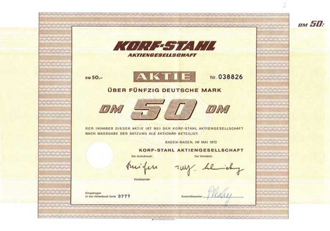 Artikelnr. AP181 Korf-Stahl Aktie vom Mai 1972 Nennwert 50 D-Mark