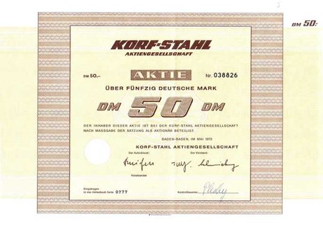 Artikelnr. AP181 Korf-Stahl Aktie vom Mai 1972 Nennwert 50 D-Mark
