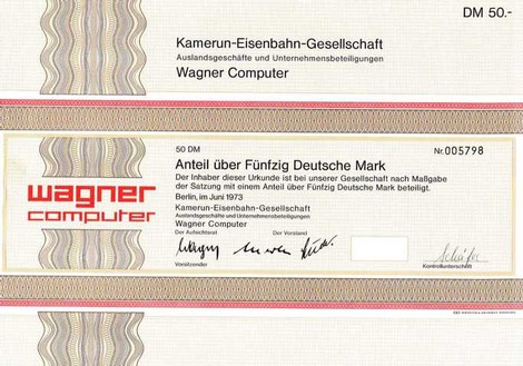 Artikelnr.AP203 Wagner-Computer /Kamerun Eisenbahngesellschaft Aktie vom Juni 1973 Nennwert 50 D-Mark