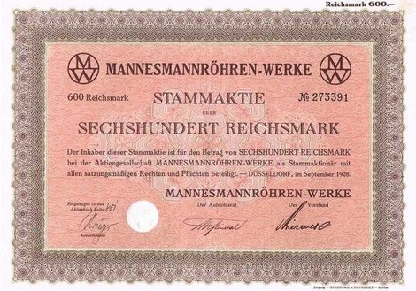 Artikelnr. AP133 Mannesmann Aktie vom 09.1928 Wert sechshundert Reichsmark