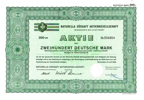 Artikelnr. AP184 Naturella Aktie von Juli 1968 Nennwert 200 D-Mark