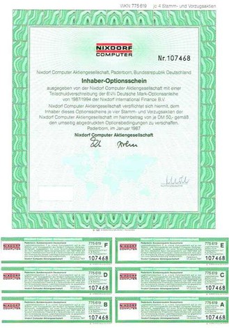 Artikelnr. AP206 Nixdorf Inhaber -Optionsschein vom Januar 1987  für 4 Stammaktien a 50 D-Mark