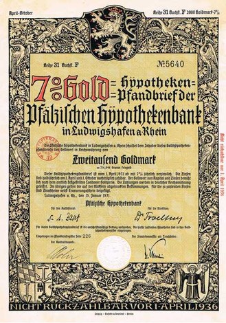 Artikelnr. AP154 Pfälzische Hypothekekenbank Goldhypothekenpfandbrief 7% Wert 2000 Goldmark