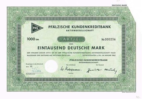 Artikelnr. AP145 Pfälzische Kundenkreditbank Stammaktie vom Januar 1965 Wert 1000 DM