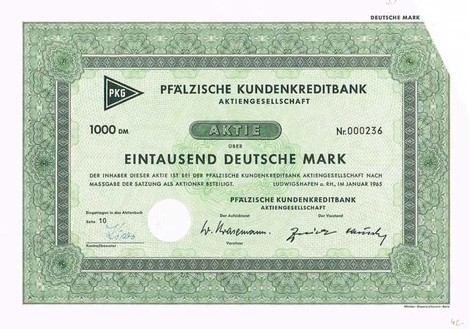 Artikelnr. AP145 Pfälzische Kundenkreditbank Stammaktie vom Januar 1965 Wert 1000 DM