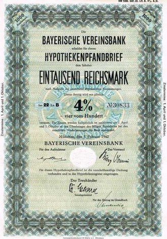 Artikelnr. AP121 Bayerische Vereinsbank Hypothekenpfandbrief 1000 RM 4 %  Serie 22 Leicht Wellig