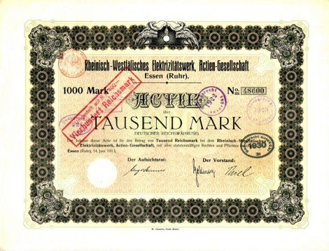 Artikelnr. AP919 RWE Aktie vom Juni 1913 Wert 1000 Mark