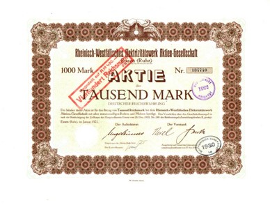 Artikelnr. AP939 RWE Aktie vom Januar1921 Wert 1000 Mark