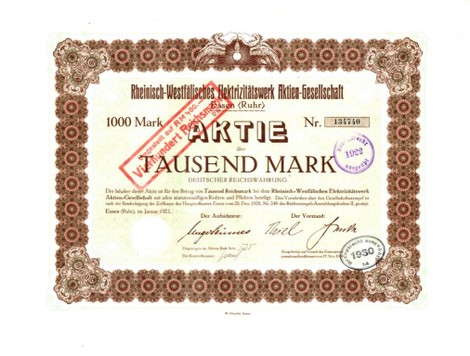 Artikelnr. AP939 RWE Aktie vom Januar1921 Wert 1000 Mark
