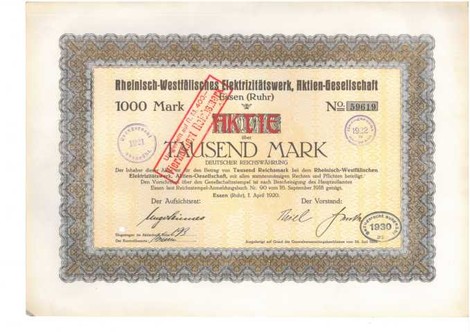Artikelnr. AP114 RWE Aktie vom 01.04.1920 Wert 1000 Mark