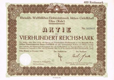 Artikelnr. AP116 RWE Aktie vom 12.12.1924 Wert 400 Reichsmark