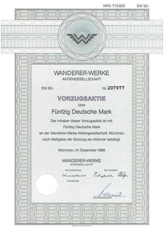 Artikelnr. AP 180 Wanderer Werke Aktie vom Dezember 1986 Nennwert 50 D-Mark