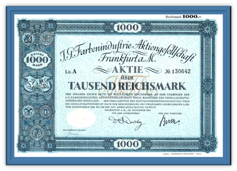 Artikelnr. AP2506 Gründeraktie der IG Farben von 1925  mit blauem Rahmen