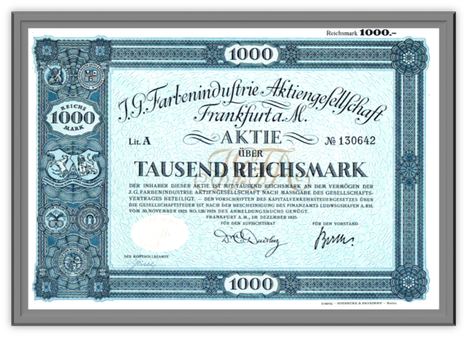 Artikelnr. AP2508 Gründeraktie der IG Farben von 1925  mit grauem Rahmen