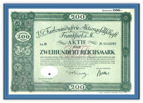 Artikelnr. AP2503 Gründeraktie der IG Farben von 1925  mit blauem Rahmen